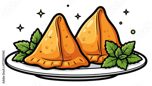 Cartoon Samosa with Mint Leaves. Traditional Indian Street Food Vector Illustration.