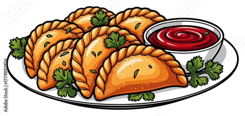 Fried Empanadas with Sauce in a Cartoon Style. Latin American Food Vector
