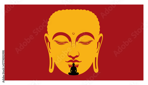 Buddha Head with Meditating Silhouette. Inner Peace Spiritual Vector Concept.