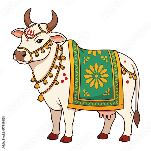 Sacred Cow Decorated With Ornamental Blanket And Bells Indian Cattle Vector Illustration