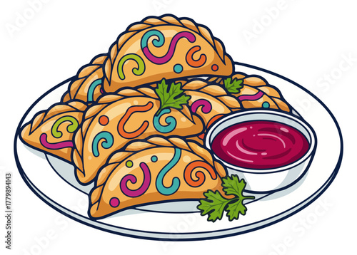 Indian Gujiya Sweet Dumplings On Plate With Red Chutney Colorful Vector Illustration