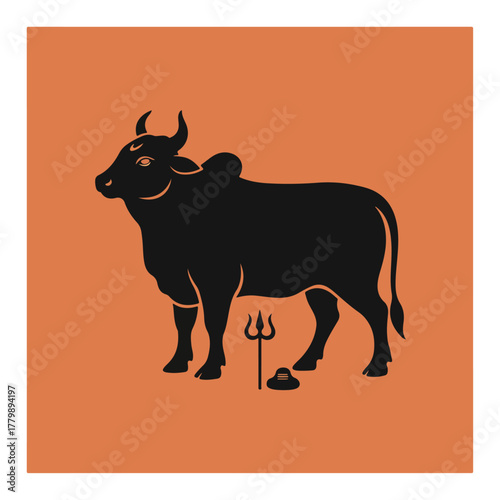 Nandi Bull Silhouette With Trident And Shivling Hindu Symbol Minimal Vector Illustration