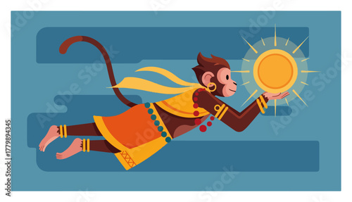 Lord Hanuman Flying to Catch the Sun. Hindu Monkey God Mythology Vector Illustration.