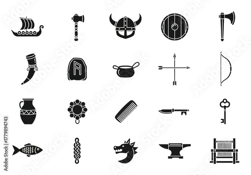 Monochrome graphic set of traditional Viking symbols, including a drakkar ship, horned helmet, axe, and other Norse artifacts