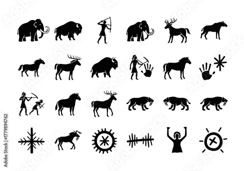 Set of black silhouette icons depicting prehistoric life, Stone Age animals, cavemen, and rock art symbols