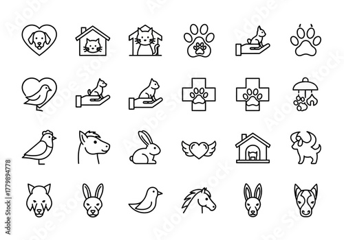Animal care and pet love line icon collection. A set of vector symbols for veterinary services, shelter, and adoption, including dog, cat, and horse icons