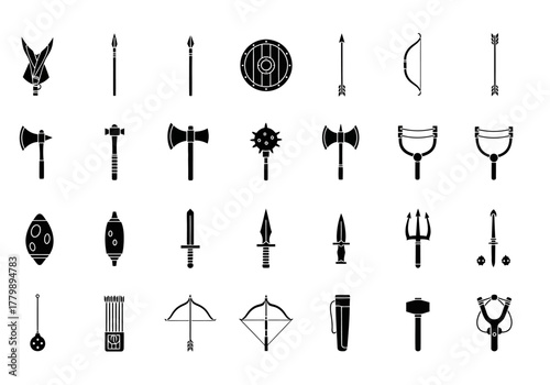 A diverse set of flat black icons representing medieval warfare tools and ancient weapons. Vector graphic illustration collection 2j (617)