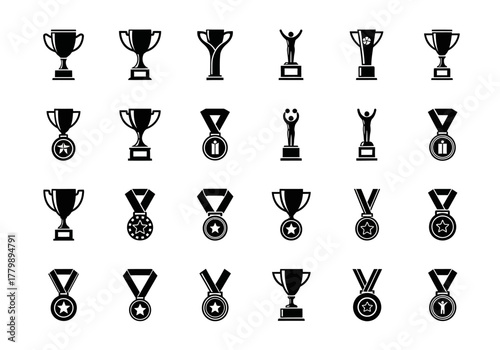 A comprehensive set of black glyph icons depicting various trophy cups and award medals. Vector symbols for victory, championships, and success