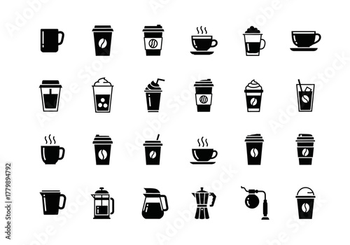 Vector coffee icon set including various cups, drinks, and brewing methods. Solid glyph pictograms for cafe menus and web design