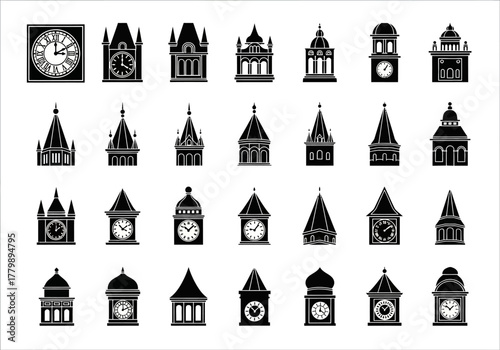 Set of black silhouette clock tower icons on a white background. Vector collection of various architectural building designs and structures