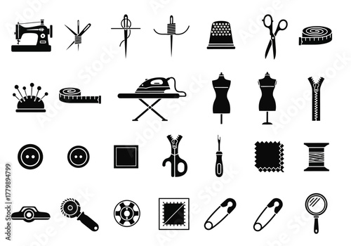 A comprehensive set of simple black silhouette icons for sewing, tailoring, fashion design, and needlework