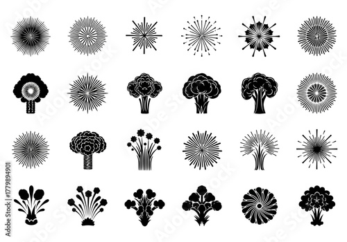 A versatile vector collection of monochrome icons. This set includes abstract radial sunburst patterns and stylized broccoli-like tree shapes