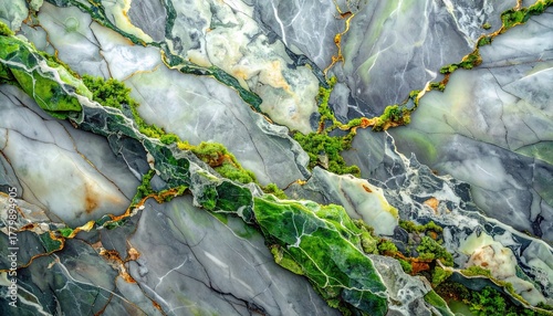 Close up of a beautiful natural marble stone texture with vibrant green veins and grey white patterns.