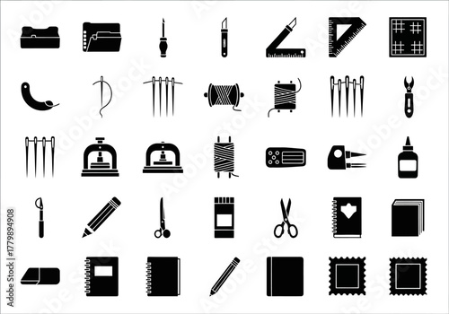 A versatile icon collection featuring bookbinding tools, sewing supplies, and stationery glyphs for creative hobbies and handicrafts