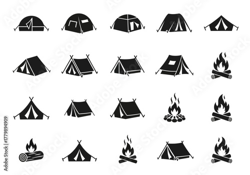 A comprehensive set of camping icons, featuring various tent silhouettes and campfire symbols for outdoor adventure designs