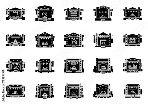Collection of black glyph icons depicting various music festival and concert stage designs for live performances