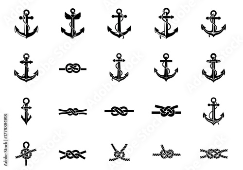 A set of monochrome nautical icons featuring various ship anchor designs and intricate rope knots for maritime themes