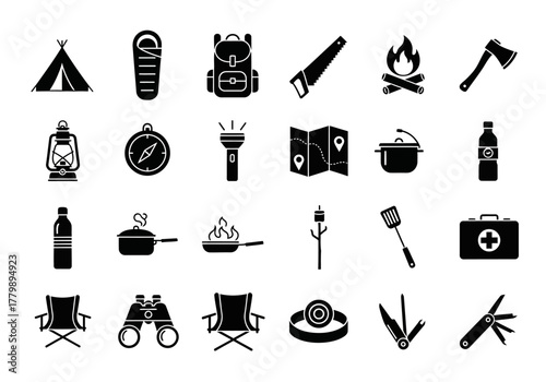 A comprehensive vector set of solid glyph icons for camping, hiking, and outdoor adventure equipment essentials collection 2j