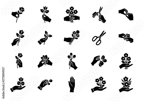 Set of black glyph icons for floristry, showing hands holding bouquets, arranging flowers, and giving floral gifts as symbols
