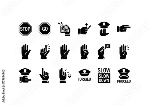 A collection of solid black glyph icons representing traffic police hand signals and road safety signs for direction and control
