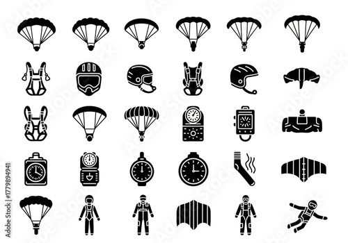 A comprehensive set of skydiving and parachuting icons. Vector glyphs representing extreme sports, skydiver gear, and freefall activity