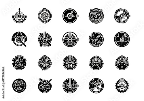 A diverse set of twenty circular icons featuring intricate steampunk machinery, complex watch movements, and futuristic mechanical glyphs