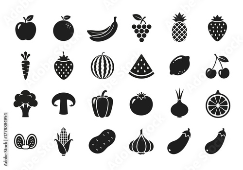 Big collection of black silhouette fruit and vegetable icons. Healthy food pictogram set for graphic design, web, and mobile applications