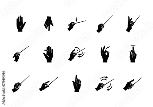 Black glyph icon set of conductor's hands holding a baton, representing orchestra and symphony director gestures