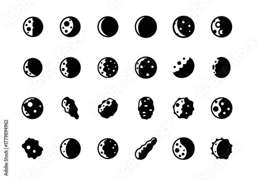 A comprehensive collection of monochrome icons depicting various moon phases and celestial bodies like asteroids and comets
