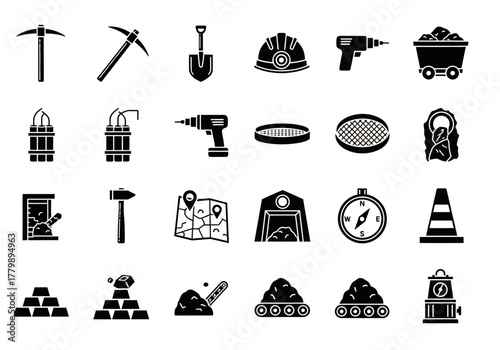 Solid black glyph icon set representing mining tools, coal industry equipment, and gold rush elements for web and print design