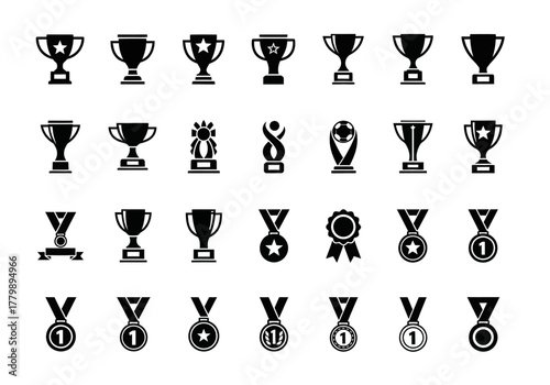 A diverse set of black glyph icons representing various awards, trophies, and medals for celebrating victory and achievement in competitions