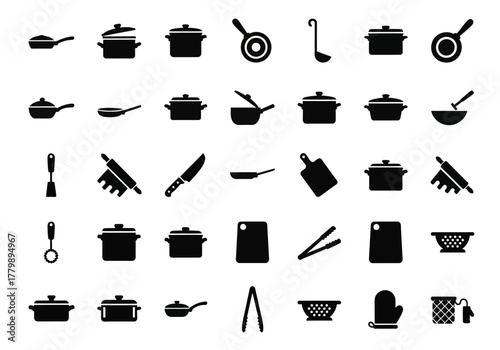 A set of black silhouette kitchenware icons. A collection of cooking utensils, pots, pans, and tools for food preparation on a white background