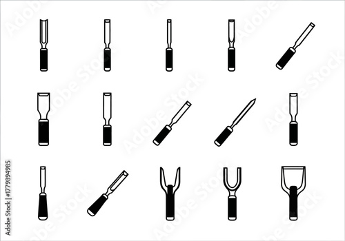Icon set of various chisels and gouges for woodworking. A collection of black and white line art vector graphics showing carpentry hand tools