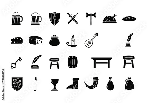 A versatile set of solid black glyph icons depicting medieval tavern life and fantasy adventure items