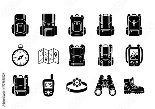 Monochrome glyph icon set of essential hiking gear and backpacking equipment for outdoor exploration and travel