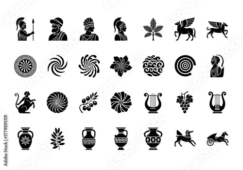 A diverse set of black silhouette icons representing ancient Greek culture, mythology, and historical symbols from Hellenic civilization