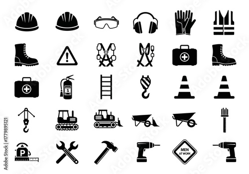 A comprehensive glyph icon set of industrial construction and worker safety equipment, including tools, machinery, and protective gear