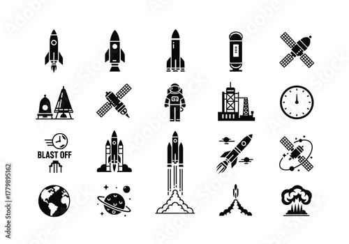 Monochrome icon pack featuring various elements of space flight, from rocket launches to planetary exploration and satellites