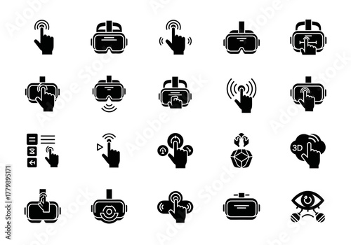 Virtual reality technology glyph icons set. Collection of black silhouette symbols for VR headsets, augmented reality, and interactive gesture controls