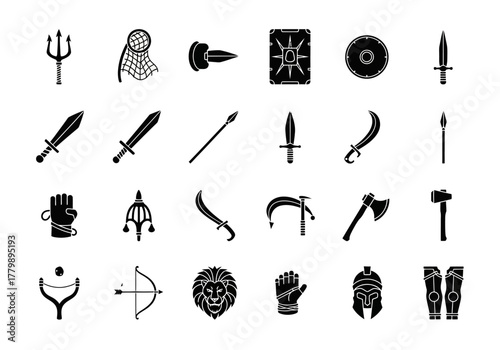 Ancient Roman gladiator weapons and armor black glyphs icon set. Vector collection of historical combat equipment symbols for design