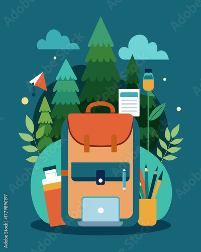 A freelancers backpack filled with notebooks pens and a laptop as they set off into the forest for a day of work surrounded by nature.. Vector illustration
