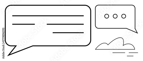 Conversation speech bubbles and a cloud shape with simple lines. Ideal for messaging, communication, networking, cloud computing, collaboration, data transfer, minimal visuals. Simple flat metaphor