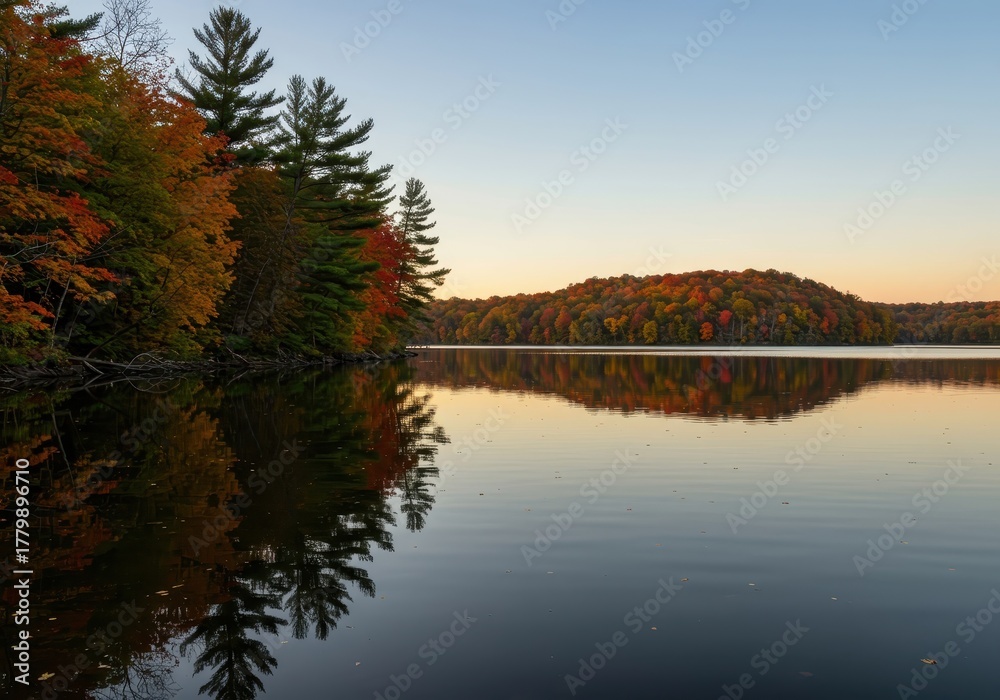 Obraz premium Beautiful autumn colors reflecting vividly on the calm surface of a massive freshwater lake, featuring glowing foliage under clear sunset skies ,reflection ,autumn ,sunlight