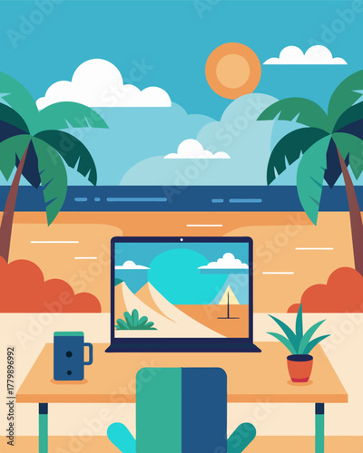 A change of scenery for virtual meetings where the backdrop is no longer a plain room but a stunning beach view.. Vector illustration