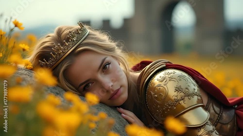 Warrior queen gazing forward beneath castle arch