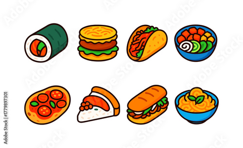 Colorful cartoon icon set of popular global fast foods on white background