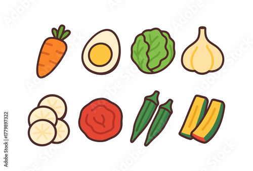 Fresh vegetable and ingredient icons in bold outline style for recipes and cooking