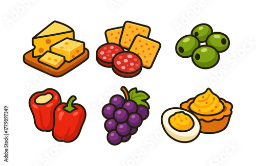 Colorful doodle icons of tasty snacks and appetizers set on white