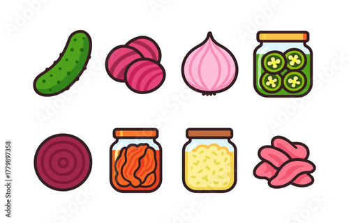 Colorful pickled vegetable icons: cucumber, onion, beetroot in modern style