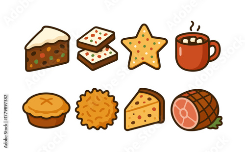 Festive holiday desserts and treats in bold cartoon style